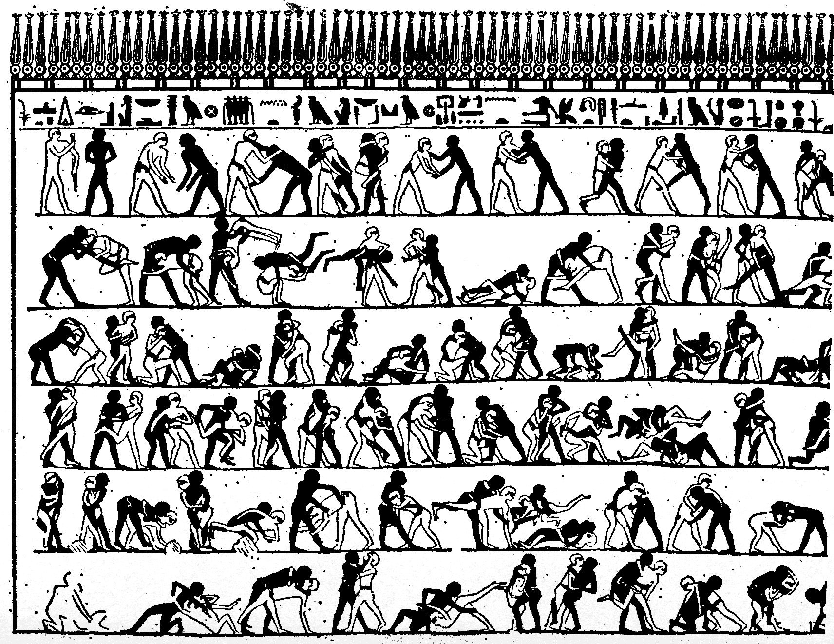image of 400 sequential wrestling positions,  in the tomb of Khnumhotep II at Beni Hasan